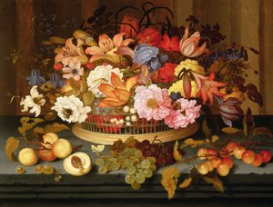Stilleben av frukt og en kurv med blomster, 1623